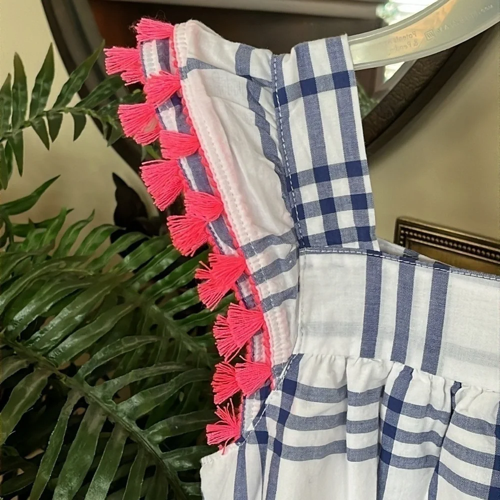Brand New Carter’s White Blue Plaid Dress w/ Pink Tassels Tie Waist Lined Casual